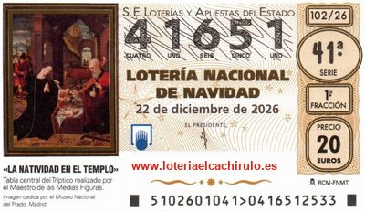 Anverso del d&eacute;cimo 41651 de la Loter&iacute;a de Navidad 2026, de Puerto de la Cruz (Santa Cruz de Tenerife)